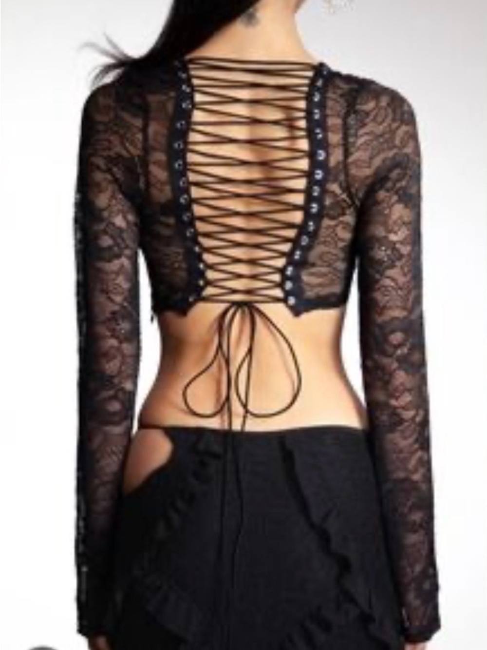 Sheer Black Lace-Up Long Sleeve Crop Top